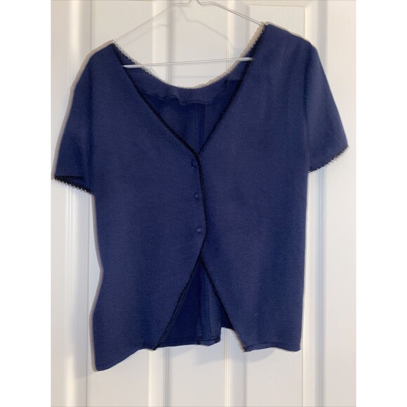 Grace and Mila Blouse Navy Blue French Low Open Back Button Lace Women's Medium - Picture 7 of 8